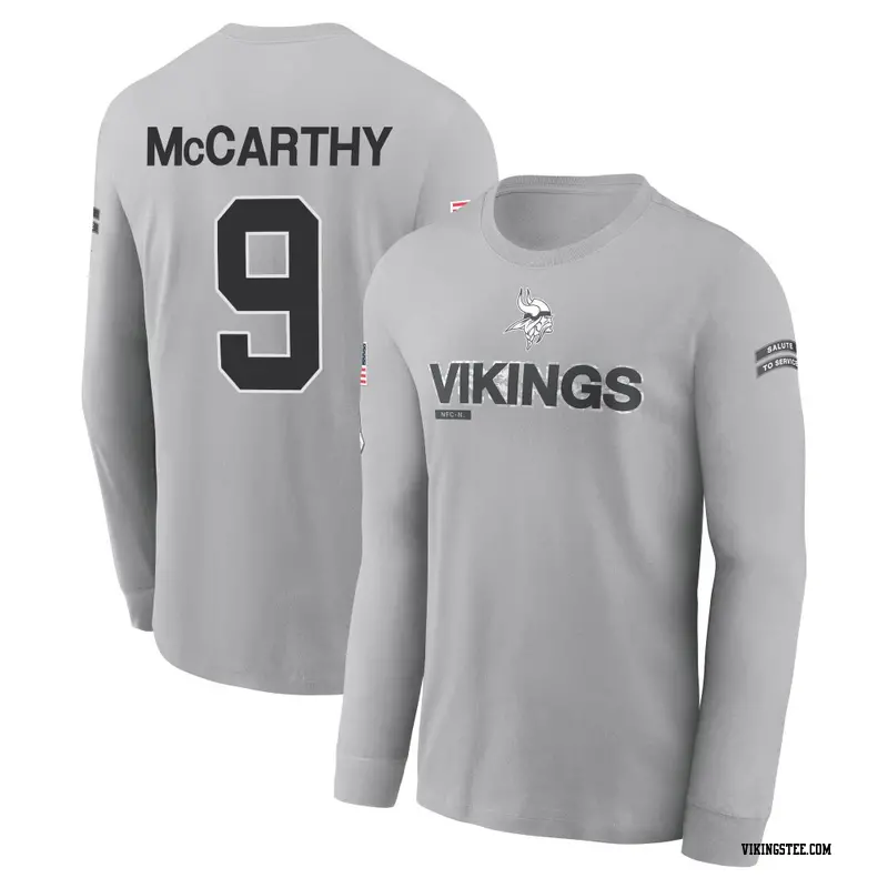 Men's Minnesota Vikings ＃9 J.J. McCarthy Gray 2024 Salute to Service Long Sleeve T-Shirt