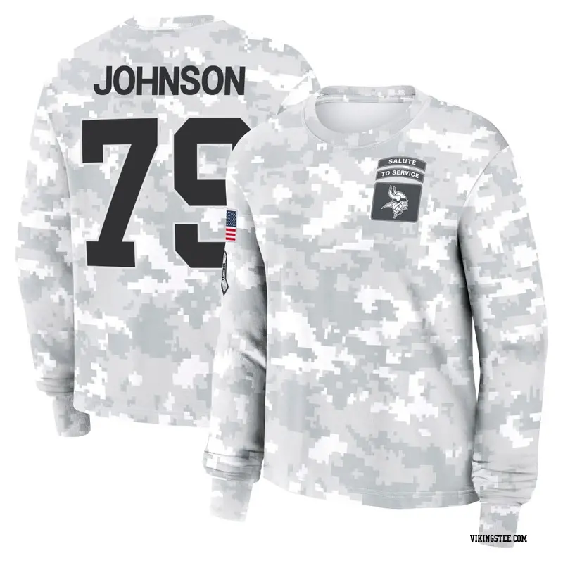 Women's Minnesota Vikings ＃79 Marcellus Johnson Camo Arctic 2024 Salute to Service Long Sleeve T-Shirt